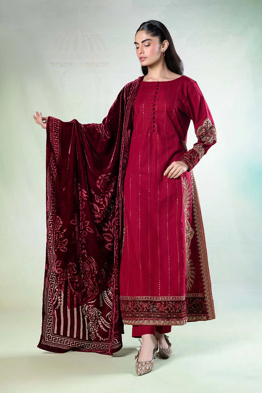 3 Piece embroidered maroon khaddar suit by Maria.B.