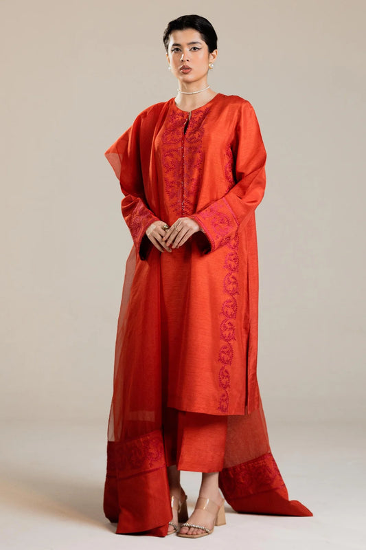 3-Piece Embroidered kurta in orange with crystal detail By Zara Shahjahan