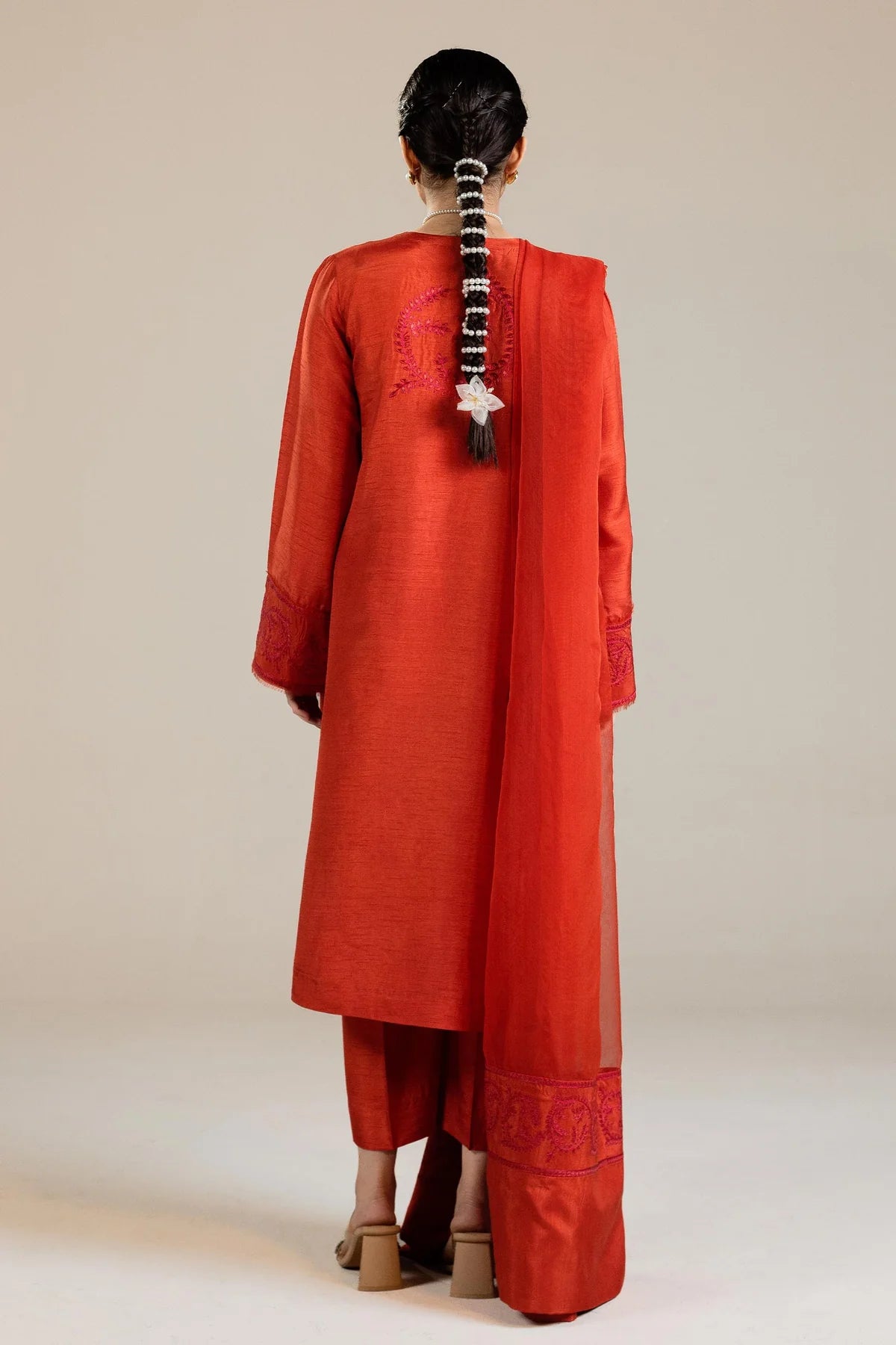 3-Piece Embroidered kurta in orange with crystal detail By Zara Shahjahan