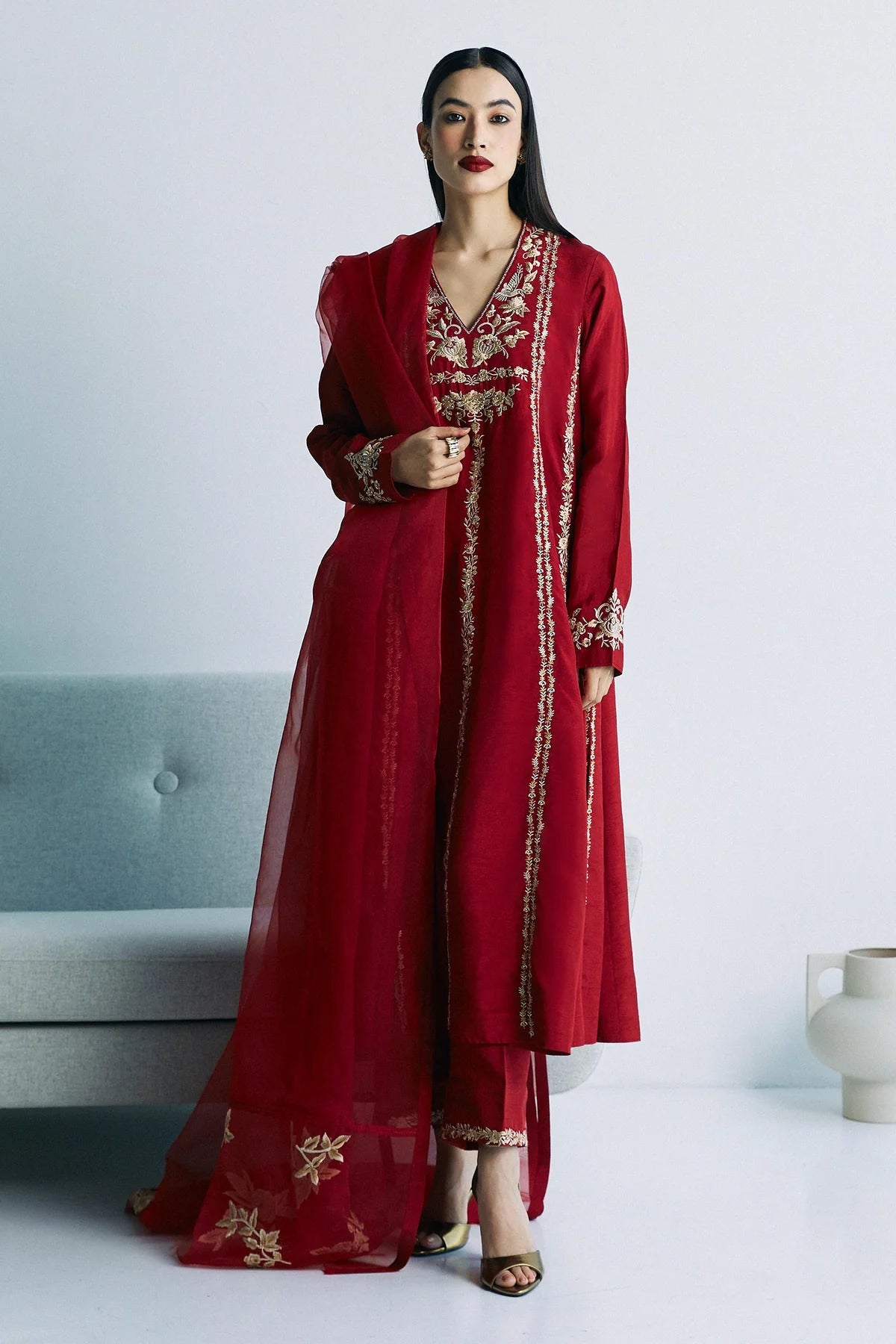 A classic deep red premium rawsilk By Zara Shahjahan