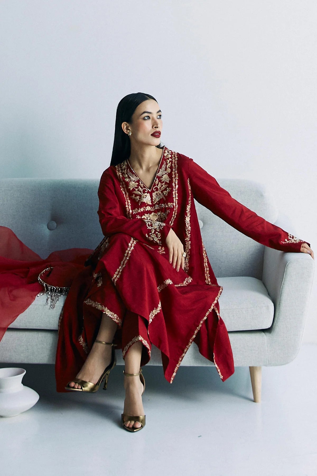 A classic deep red premium rawsilk By Zara Shahjahan