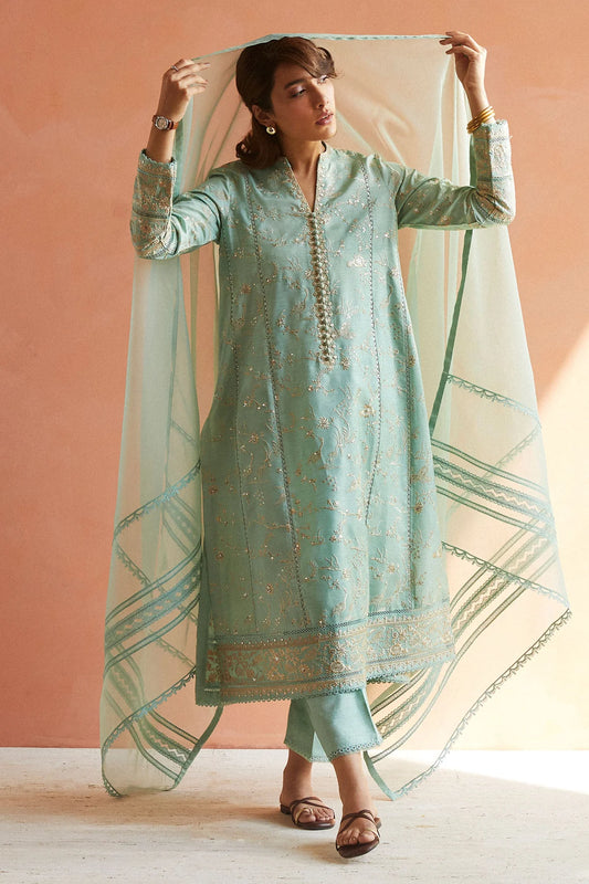 3-Piece Aqua set features an embroidered front, back and sleeves By Zara Shahjahan